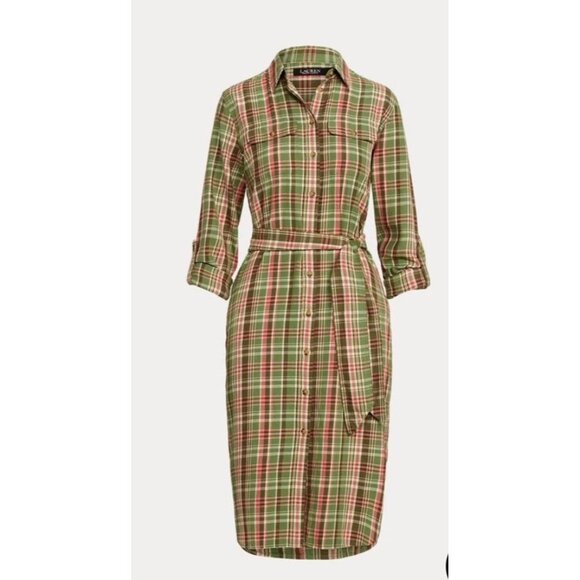 LRL Ralph Lauren Green and Pink Plaid Flannel Belted Shirt Dress 22W NWT - Picture 8 of 9